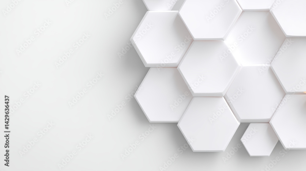Poster a minimalist arrangement of white hexagonal shapes on a light background, creating a modern and clea