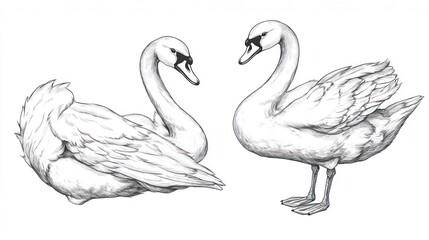Obraz premium Two Swans Facing Each Other, Detailed Pencil Sketch