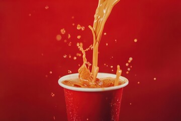 A slow-motion capture of coffee being poured into a takeaway cup, the red tones in the background adding a sense of vibrancy.