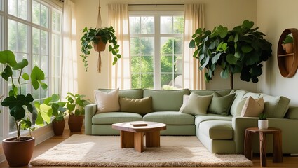 Modern living room interior showcases comfortable furniture with a sofa, chairs, and a table in a luxury home design featuring a large window and indoor plants