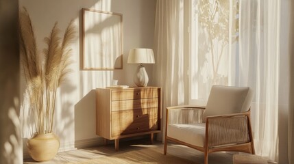 Sun-drenched, warm corner of a cozy living room.