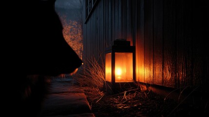 Silhouetted canine near illuminated lantern at twilight.