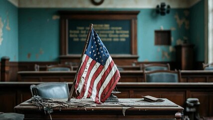Abandoned Courtroom Interior with Tattered American Flag on Wooden Desk and Decaying Walls - Powered by Adobe