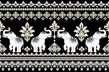 Thai Elephant Vector Illustration with Ornamental Patterns and Floral Motifs in Black and White Tones for Textile and Surface Printing. Tribal Ethnic Elephant pattern