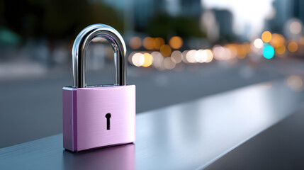 A pink padlock on metallic surface with blurred urban background, symbolizing security and privacy