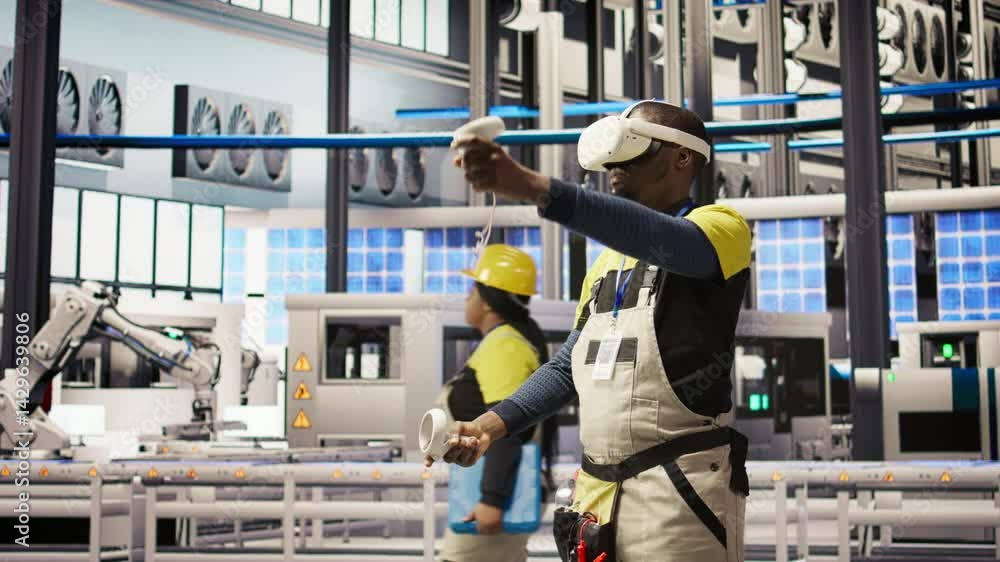 Poster smart factory specialist using virtual reality simulation to predict equipment failures. industry 4.