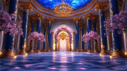 Obraz premium Opulent Ballroom: Blue & Gold with Floral Decor