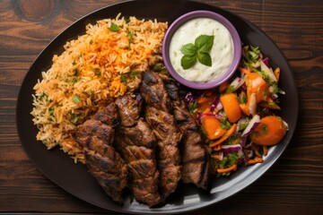 Fototapeta premium Grilled lamb skewers served with flavorful rice, vibrant salad, and creamy tzatziki.