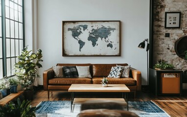 Cozy Living Room Interior With Leather Sofa suitable for multimedia project components