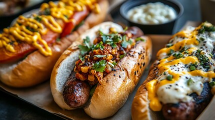 Gourmet Hotdog Assortment with Creative Toppings perfect for professional portfolio pieces