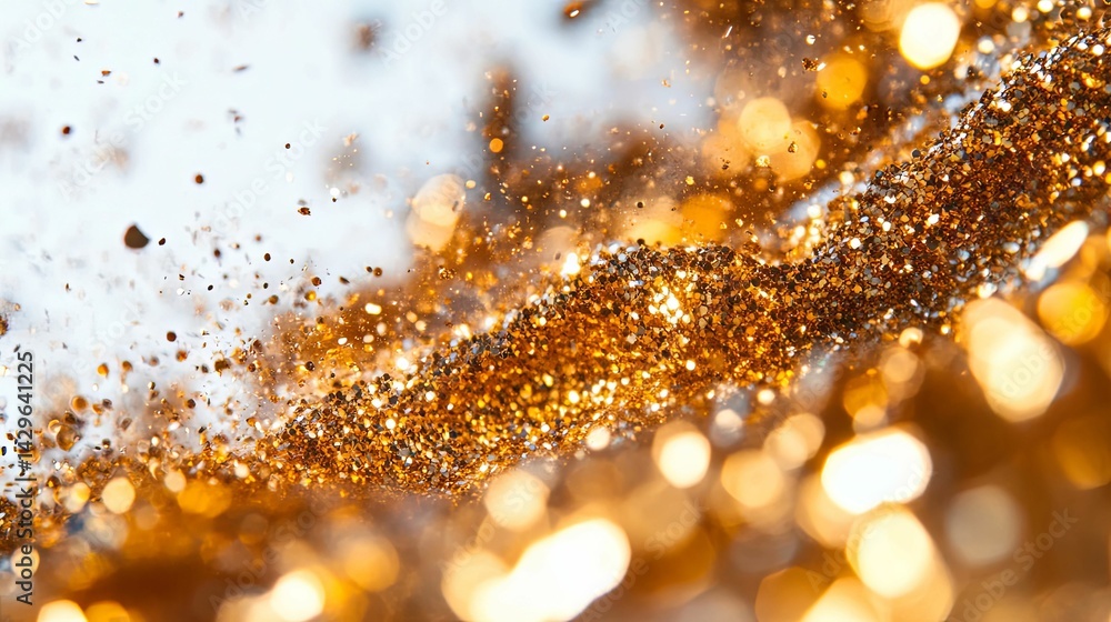 Poster abstract golden glitter particles in motion, creating a dazzling effect.