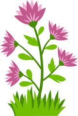 Flat vector illustration of colorful flowers with leaves, stems, and grass. Perfect for nature-themed visuals, garden designs, kids education, and spring graphic elements.