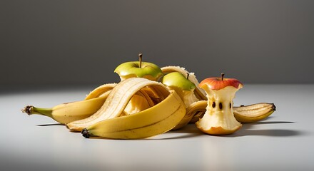 Leftover Banana Peel and Apple Core on Table for Composting