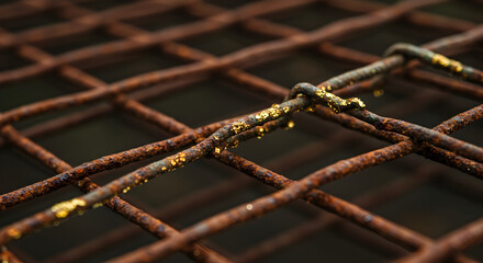 Rusty Metallic Grid Texture With Gold Flakes In Macro Shot