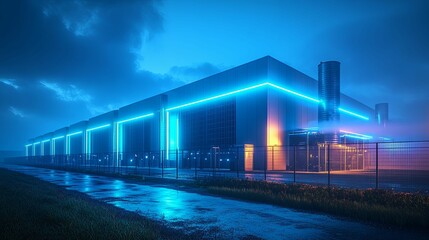 Obraz premium Modern industrial warehouse complex illuminated by vibrant neon blue lights at night.