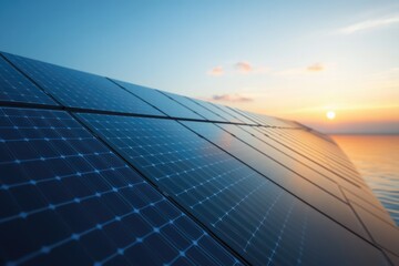 Solar panels at sunset, clean energy, renewable resource, sustainable power generation.