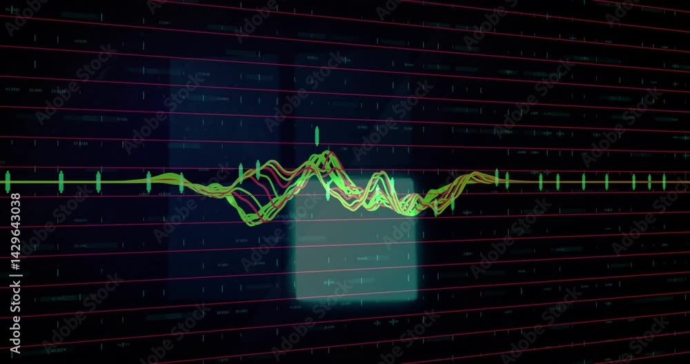 Poster overlapping green and red waveforms being animated across grid with glowing box, flat design