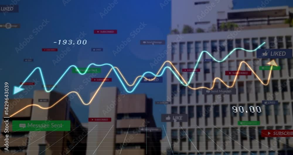 Poster office complex being 3d-rendered under clear sky, showing neon graphs and floating badges over grid