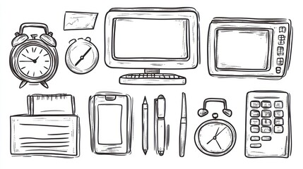 Office supplies sketch; workspace tools; morning routine;  background is white; for website design