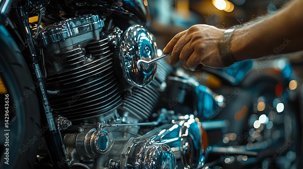 Poster close-up view of a mechanic working on a powerful motorcycle engine.