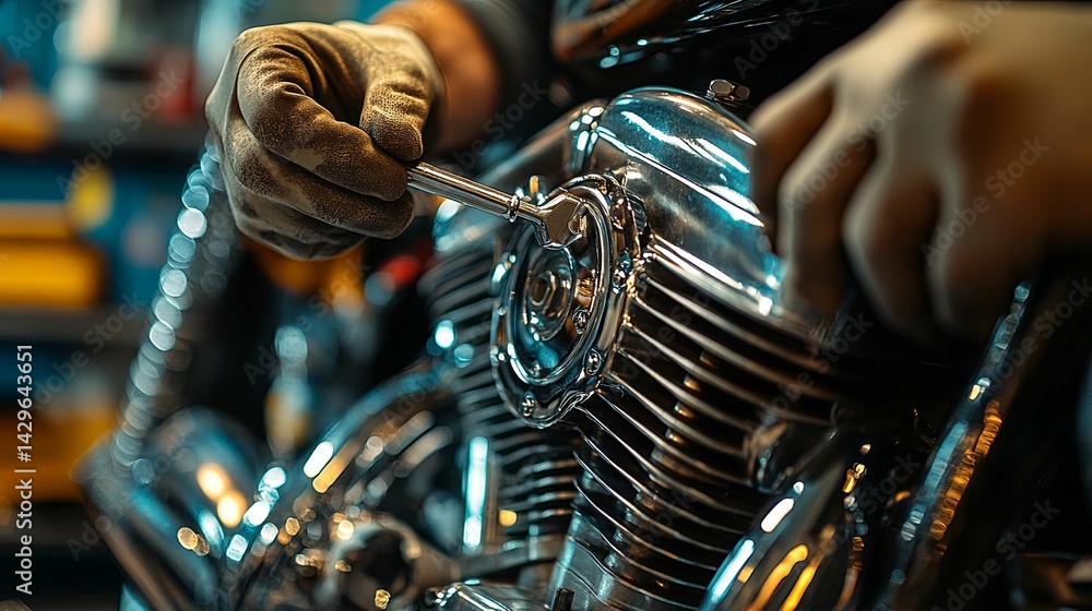 Poster close-up view of a mechanic working on a motorcycle engine.