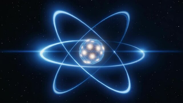 Stylized atom orbiting structure with glowing core on a dark starry background showcasing scientific concepts of atomic energy and quantum mechanics.