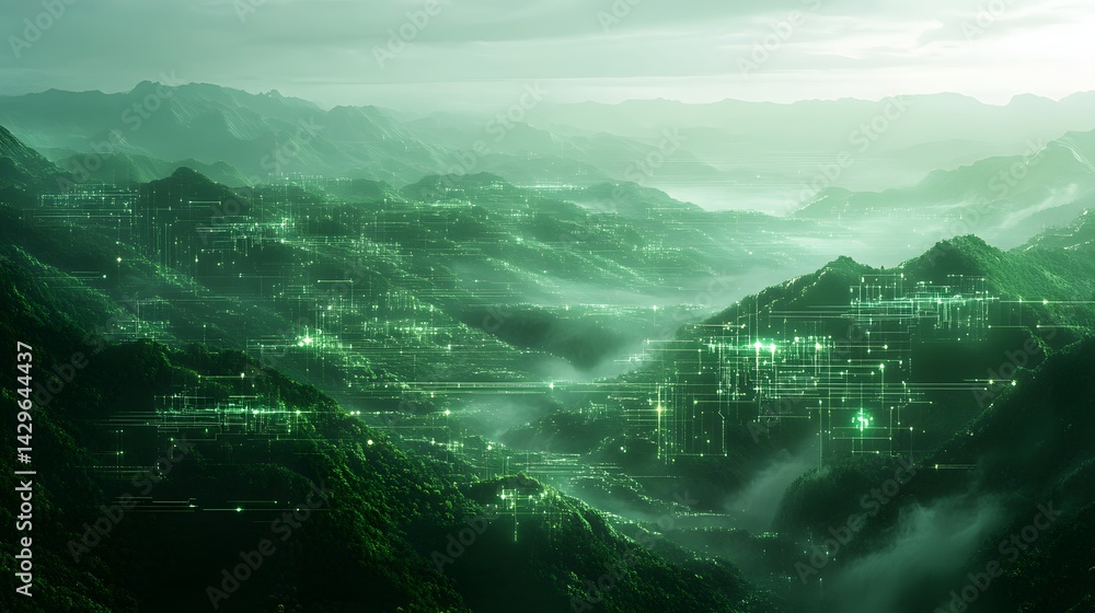 Aufkleber Serene mountainscape overlaid with a futuristic digital network, symbolizing technological integration within nature. Enigmatic Digital Oasis Data Flow