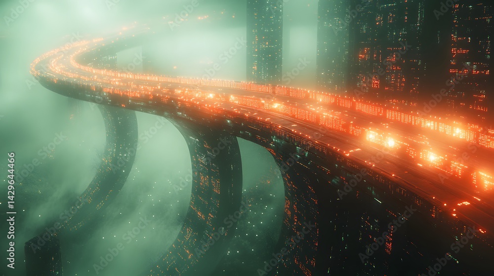 Poster a digital artwork depicting a futuristic city with an elevated highway winding through a misty lands