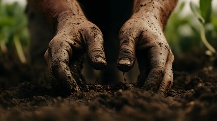 Close-up view of soiled hands meticulously tending to dark rich earth.