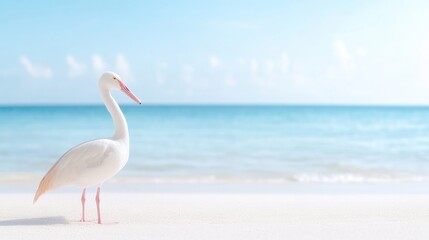 Fototapeta premium A beautiful white bird stands on a pristine beach, overlooking a tranquil ocean