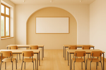 Minimalist classroom interior with light wooden desks and chairs arranged in rows, facing a blank whiteboard and arched wall feature