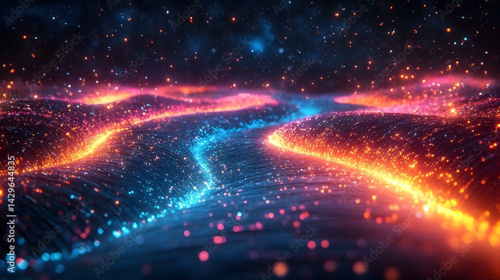 Poster Glowing particles form abstract paths, resembling celestial rivers. Vibrant colors and dynamic movement create a cosmic fantasy. Celestial Pathways: A Symphony of Light and Color