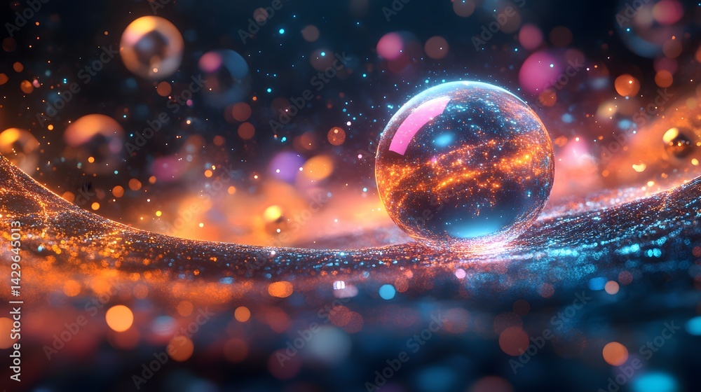 Aufkleber A digital artwork depicting a luminous sphere resting on a glittering plane. Vivid colors and particles create a cosmic, fantasy atmosphere. Abstract Digital Data Sphere: Network of Light and Energy