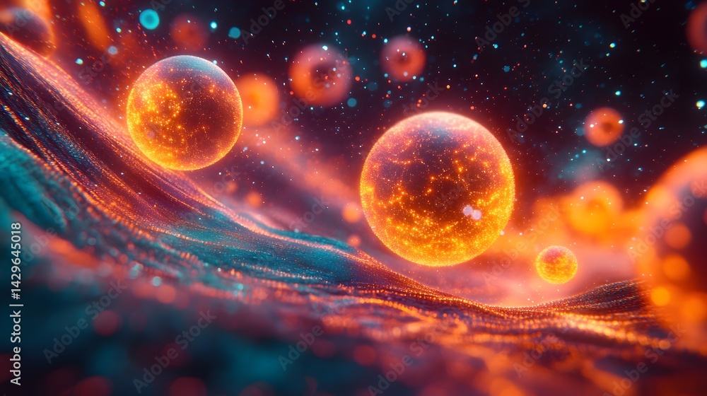 Poster a digital artwork depicting glowing celestial bodies floating over a vibrant nebula. the scene evoke