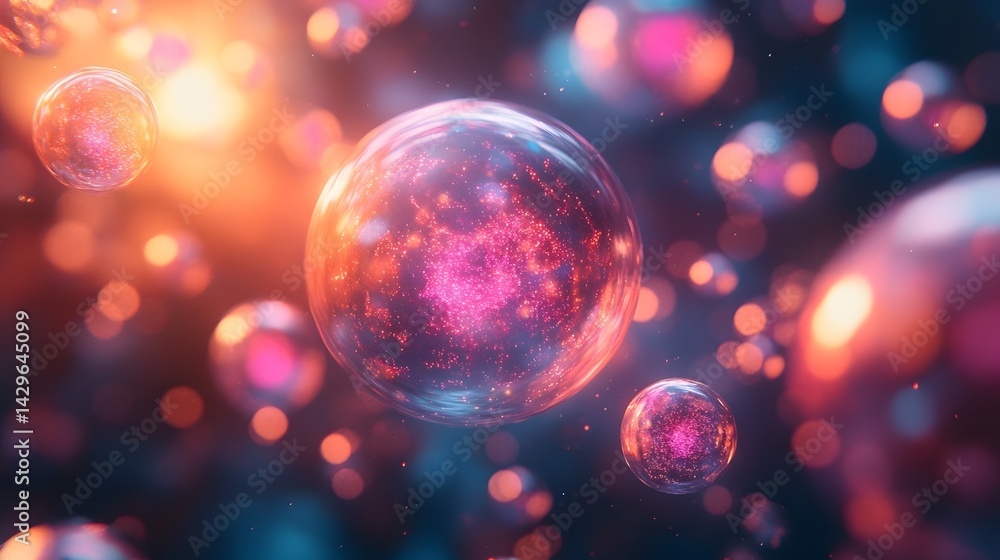 Poster Abstract digital art depicting glowing cosmic bubbles, each containing a miniature universe. Vibrant colors and ethereal glow create a magical atmosphere. Abstract Digital Data Sphere of Light Energy