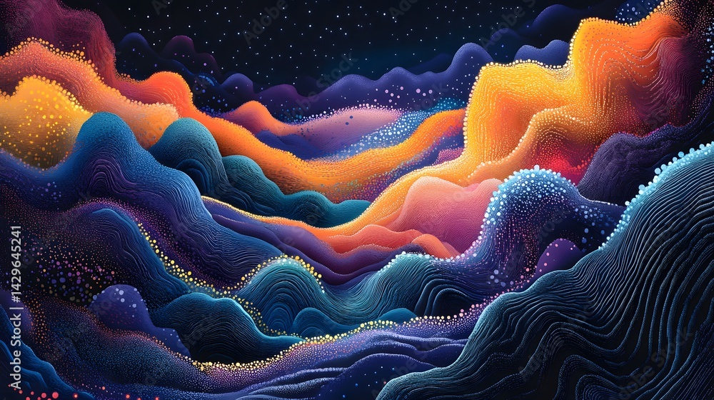 Poster a vibrant digital artwork depicting a surreal, colorful landscape. the image showcases dynamic waves