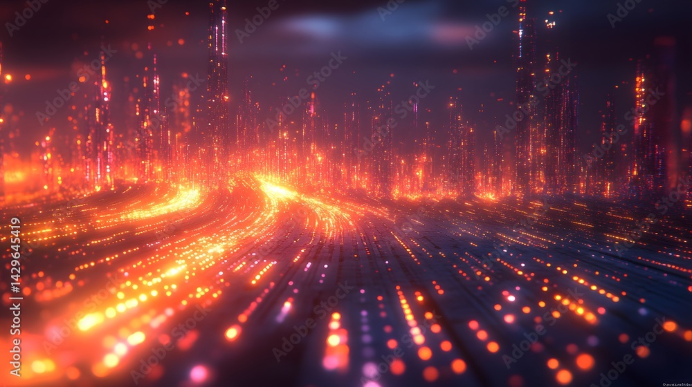 Poster a vibrant digital city at night, illuminated by glowing lights and dynamic energy streams. digital f