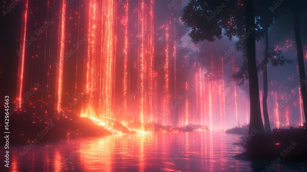 Poster A digital painting of an ethereal forest at night, with a river reflecting the glowing light of the trees. Digital Enchanted Firewall Forest: A Mystical River Flows Through Glowing Trees