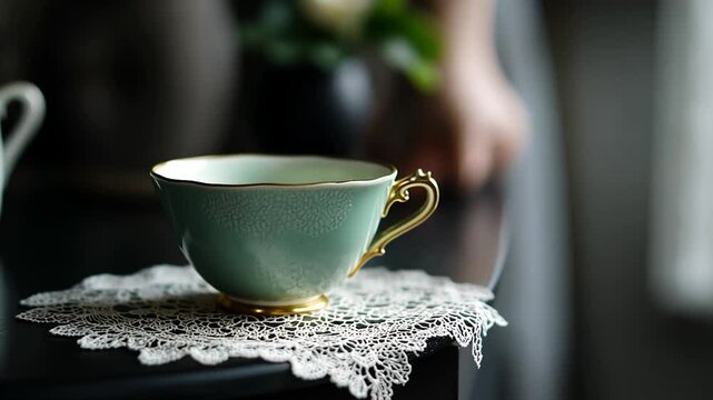 Elegant Teal Teacup On Lace Doily Table Setting With Gold Accents and Soft Focus Background