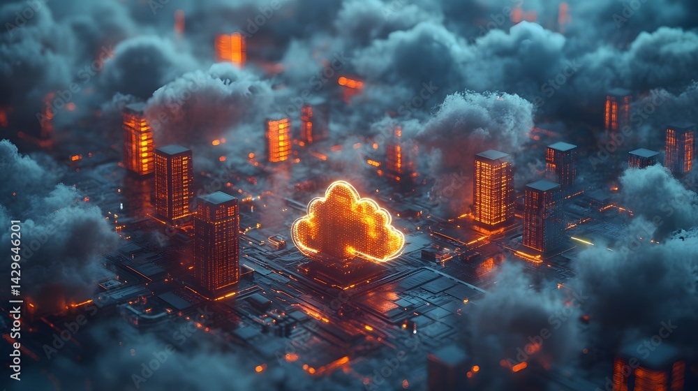 Poster a futuristic city illuminated by glowing cloud symbol digital cloud computing cityscape: a digital m