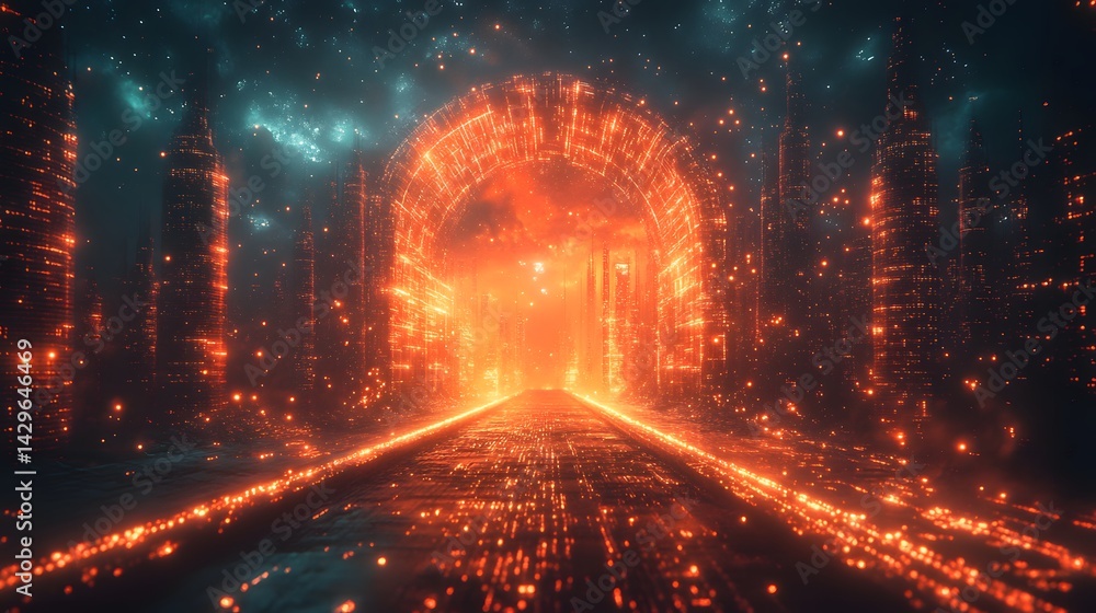 Poster A digital painting of a futuristic city at night with a glowing gateway to space. Digital Secure networks Gateway Futuristic Cityscape: Gateway to the Cosmos