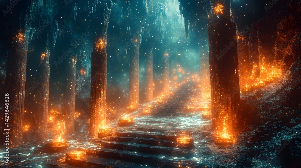 Poster A digital fantasy artwork depicting a mystical cave pathway illuminated by glowing fire and lights. Digital Secure networks Gateway Enchanted Cave Pathway: A Digital Fantasy Realm