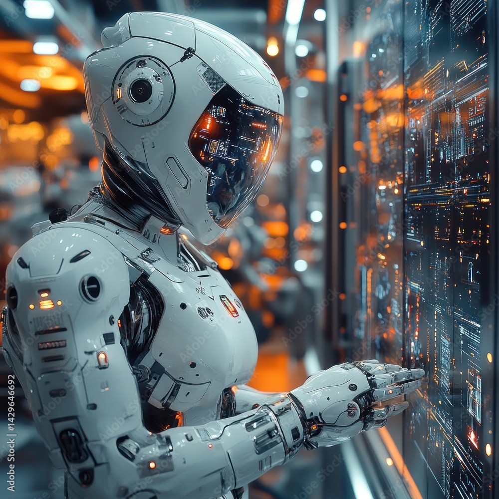 Poster futuristic robot interacting with advanced technology interface
