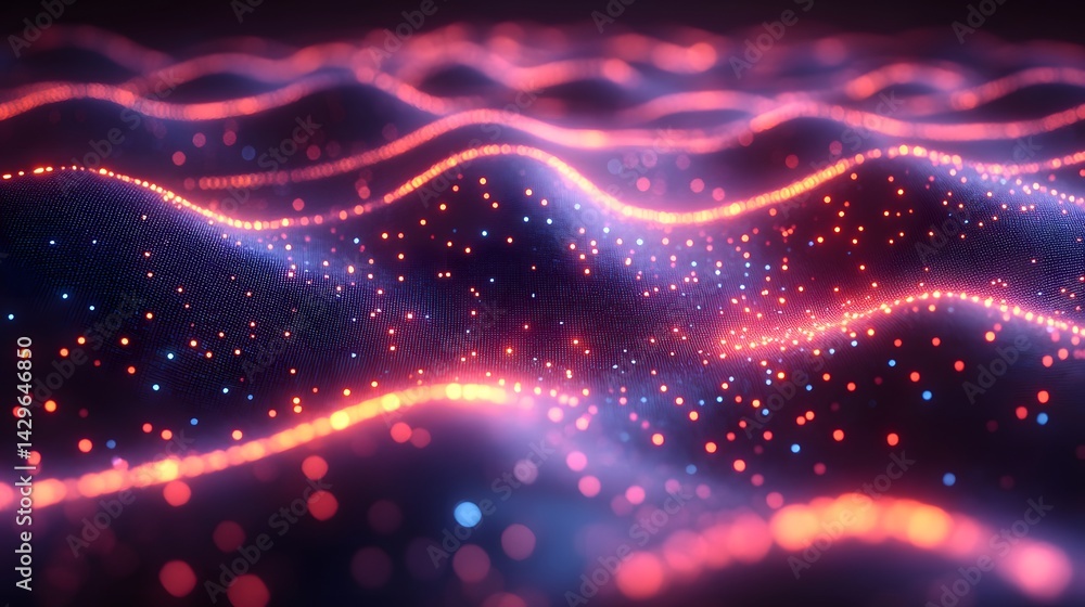 Fototapete Abstract digital art featuring glowing red and blue particles forming dynamic waveforms. A vibrant, technological visual. Digital Abstract Data Stream secure transaction