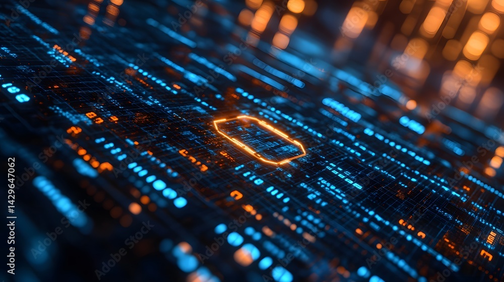 Aufkleber Abstract image of a digital circuit board with glowing neon lines. Represents technology and the future. Digital Abstract Data Stream secure transaction Neon Glow in Cyberspace