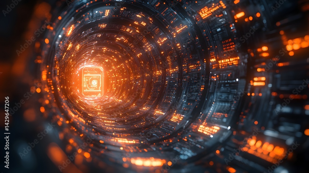 Aufkleber An abstract digital tunnel with glowing orange circuits. Futuristic concept. Digital Futuristic Orange and Blue Digital Tunnel. Digital lock made of glowing circuit