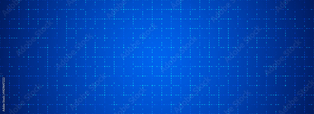 Poster Blue glowing dotted grid background. Tech dot square network backdrop. Abstract checkered dashboard pattern for science, technology, business, healthcare, medicine design template. Vector