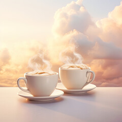  
A Pair of Steaming White Coffee Cups Nestled on a Billowy Blanket on transparent background