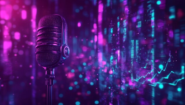 Retro microphone in vibrant digital backdrop