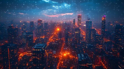 Fototapeta premium An amazing aerial shot of a vibrant city at night, showcasing the beauty of illuminated skyscrapers and urban lights. Night Cityscape A Stunning Aerial View of Illuminated Skyscrapers and Urban Lights